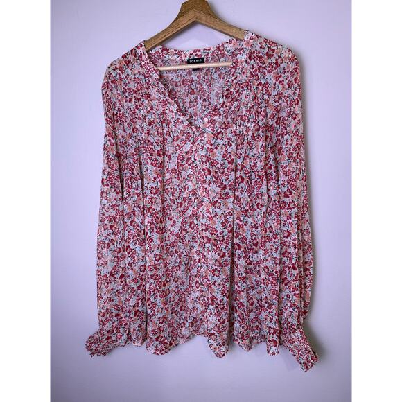 Torrid Tops - Torrid Floral Button Front Blouse Pink Red Long Sleeve Peasant Top Size 2XL